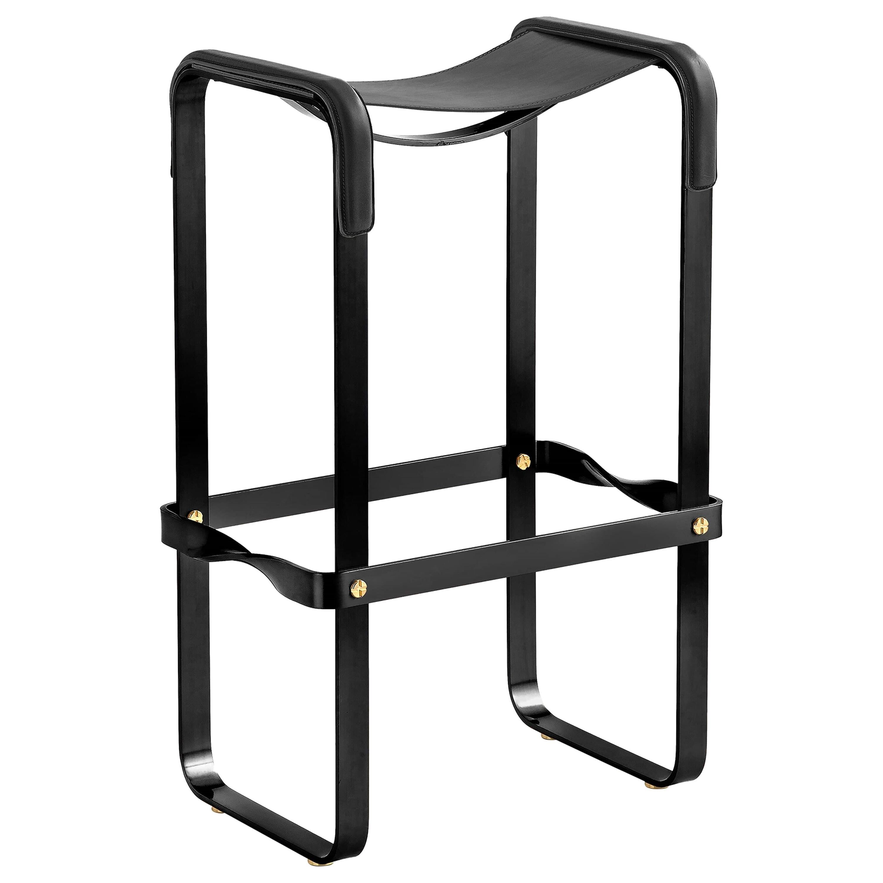Contemporary classic bar stool in black smoked metal and black leather.