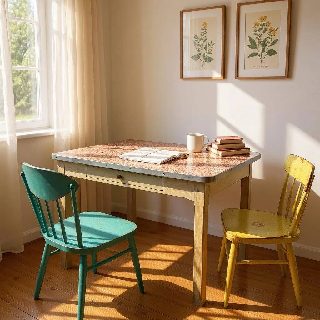 Table in bleached elm and granite mado 1950