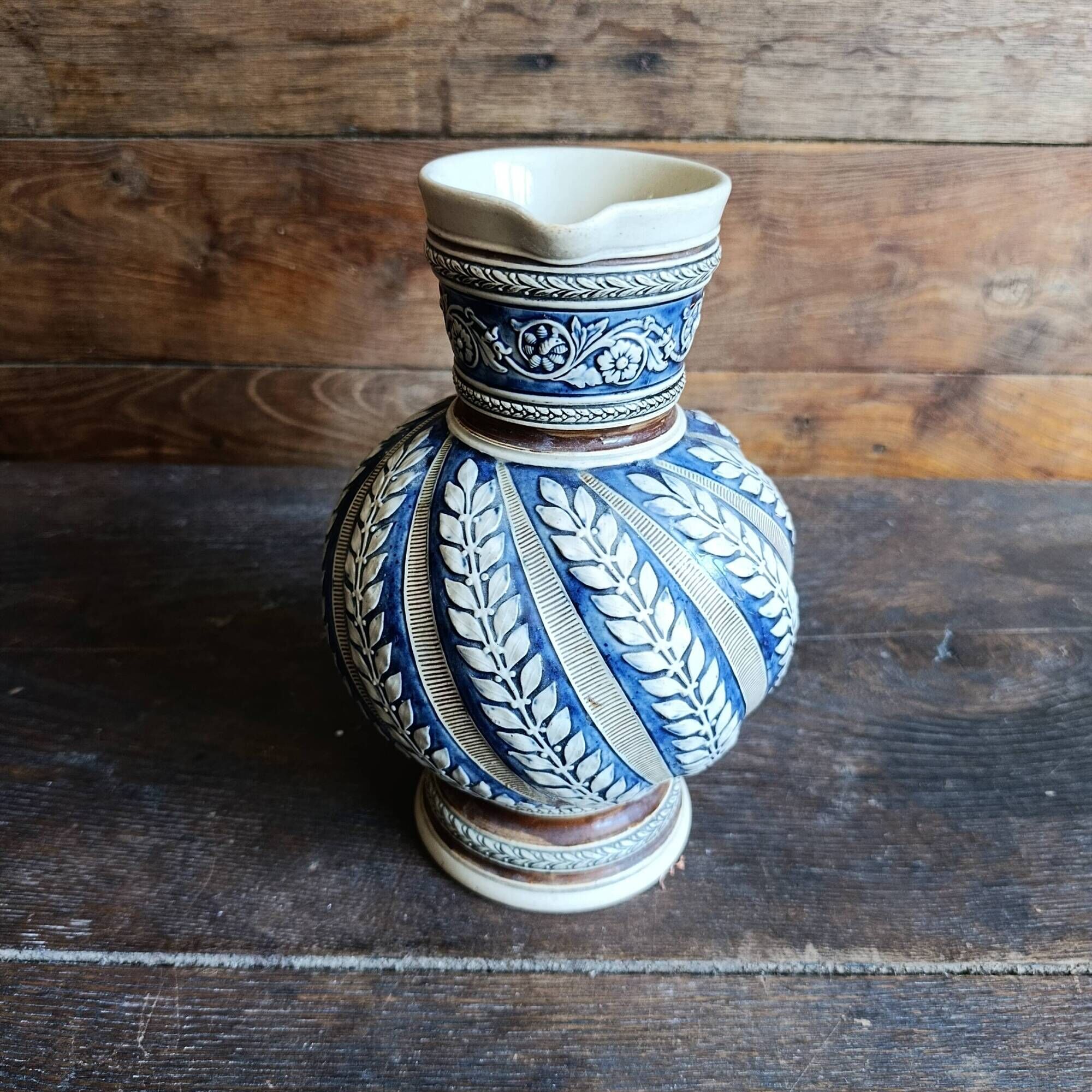 Vintage German Westerwald stoneware jug with cobalt blue floral relief