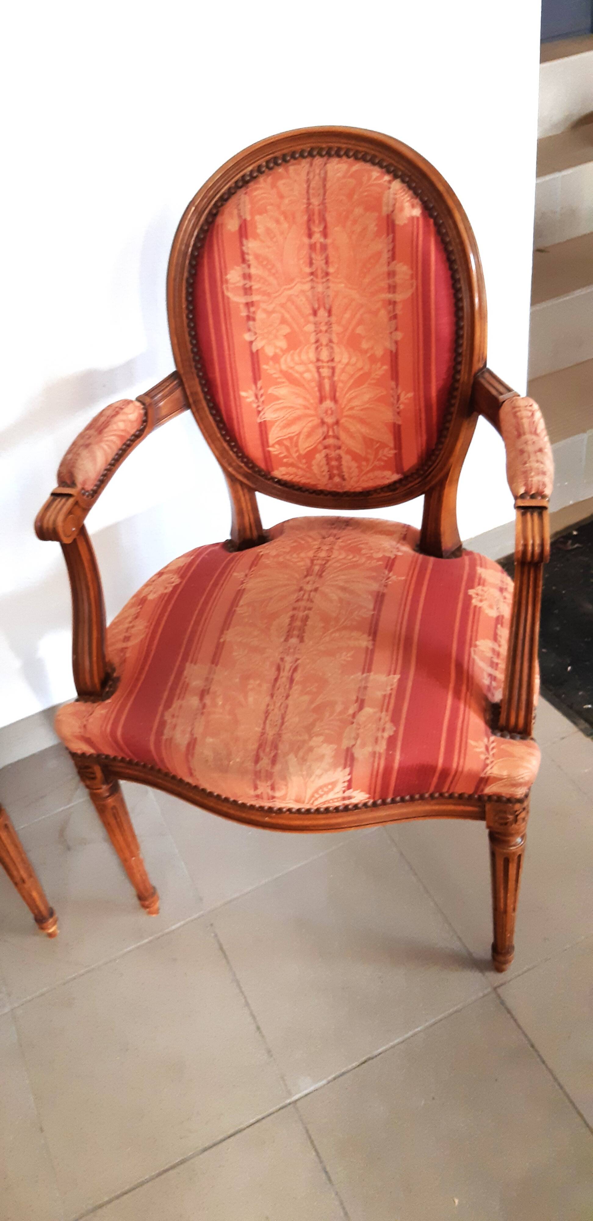 Pair of Louis XVI style cabriolet armchairs with medallion