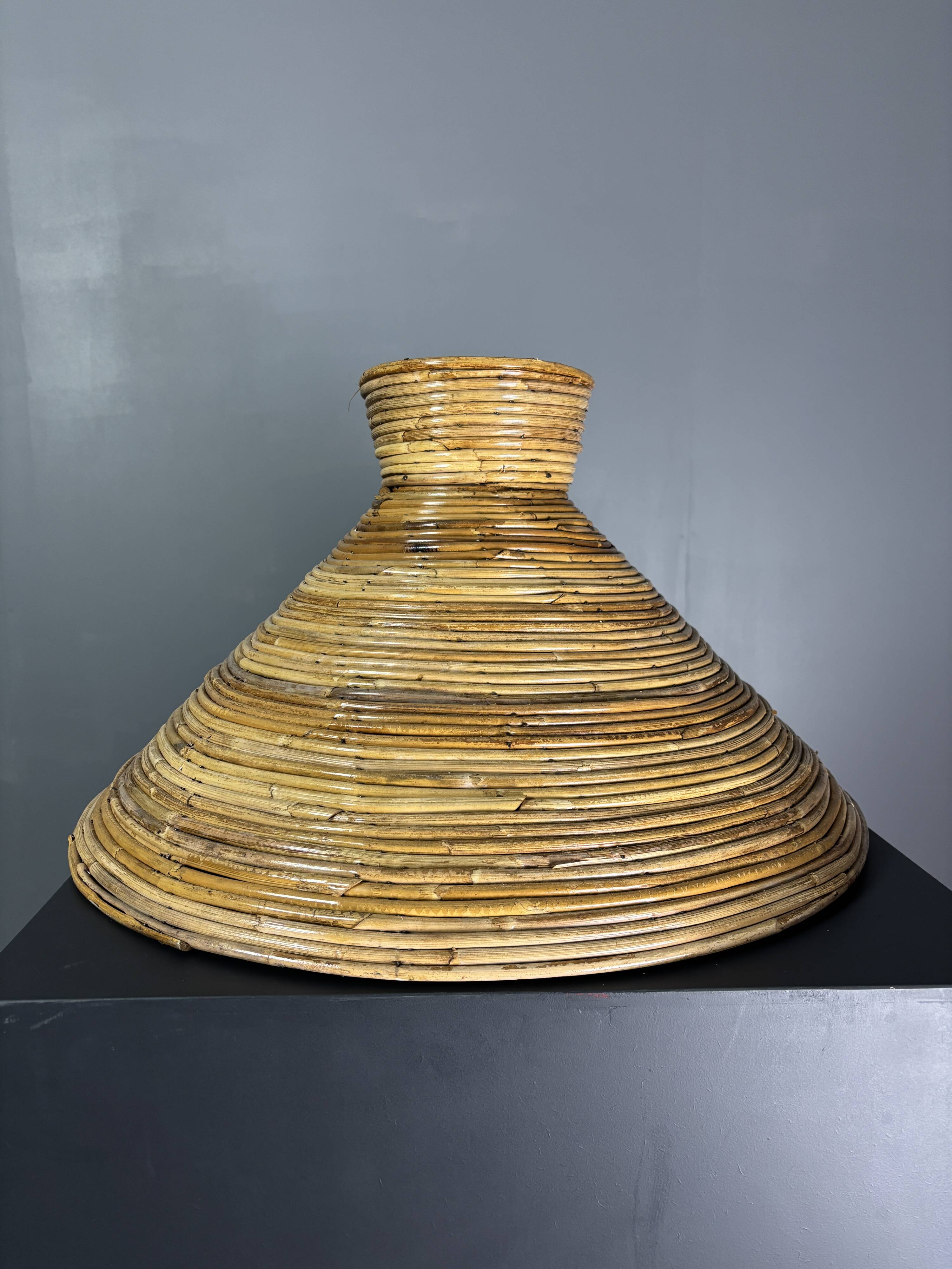 Midcentury pair pencil rattan large ( 62 cm ) pendants, Italy 1970s