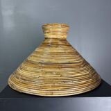 Midcentury pair pencil rattan large ( 62 cm ) pendants, Italy 1970s