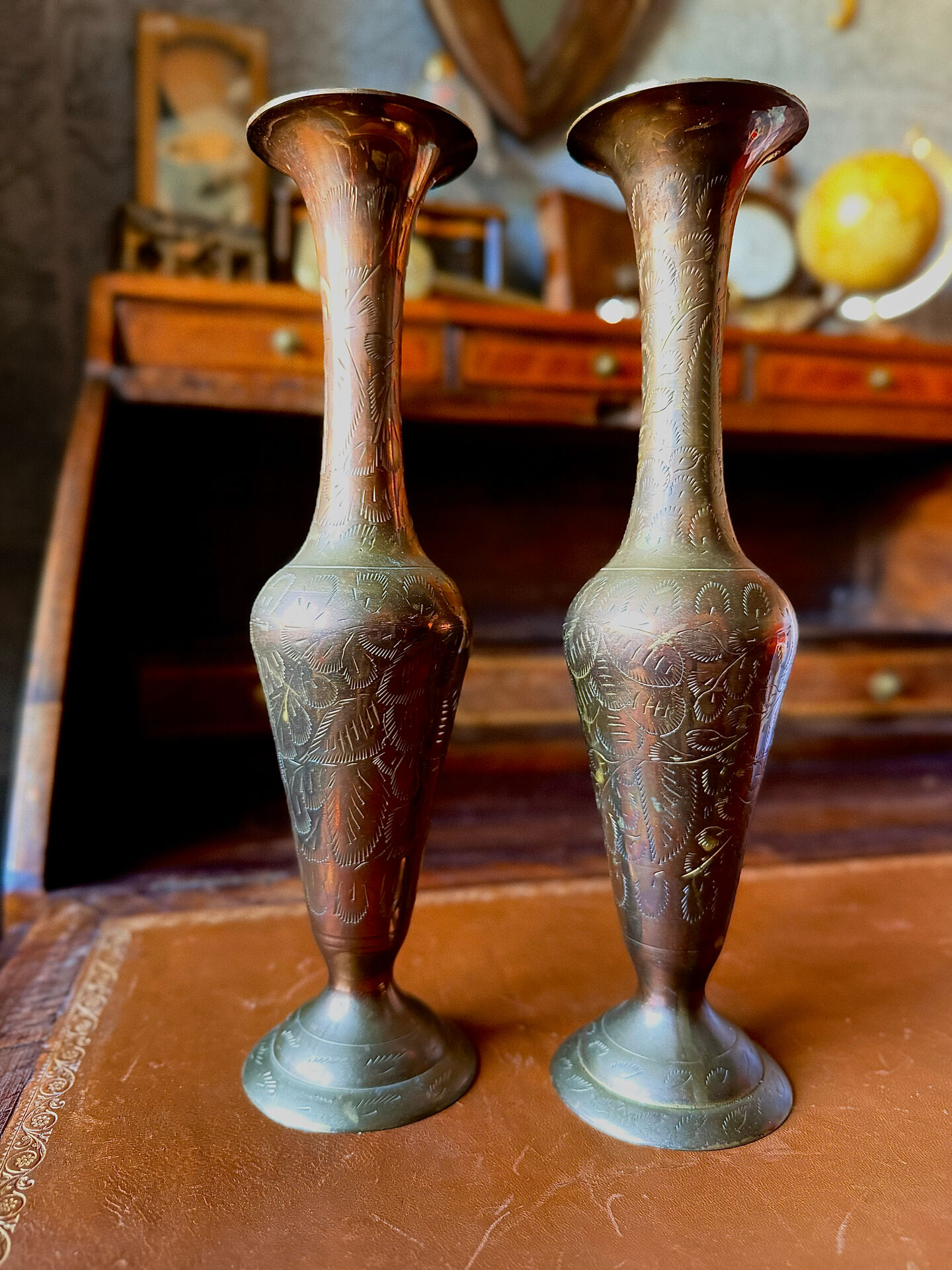 Pair of vintage brass hand-engraved flower vases.