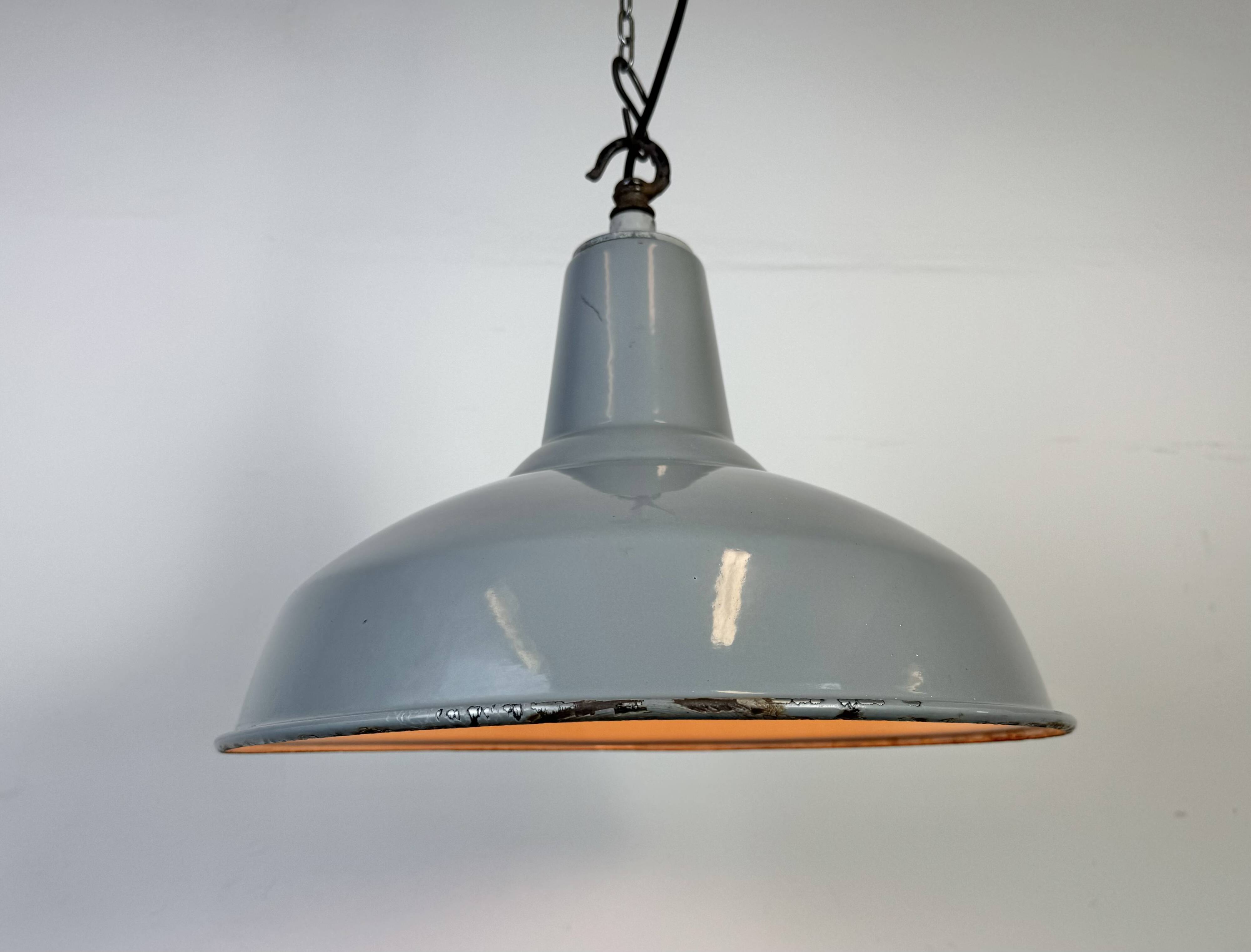 Industrial British Grey Enamel Factory Pendant Lamp, 1960s