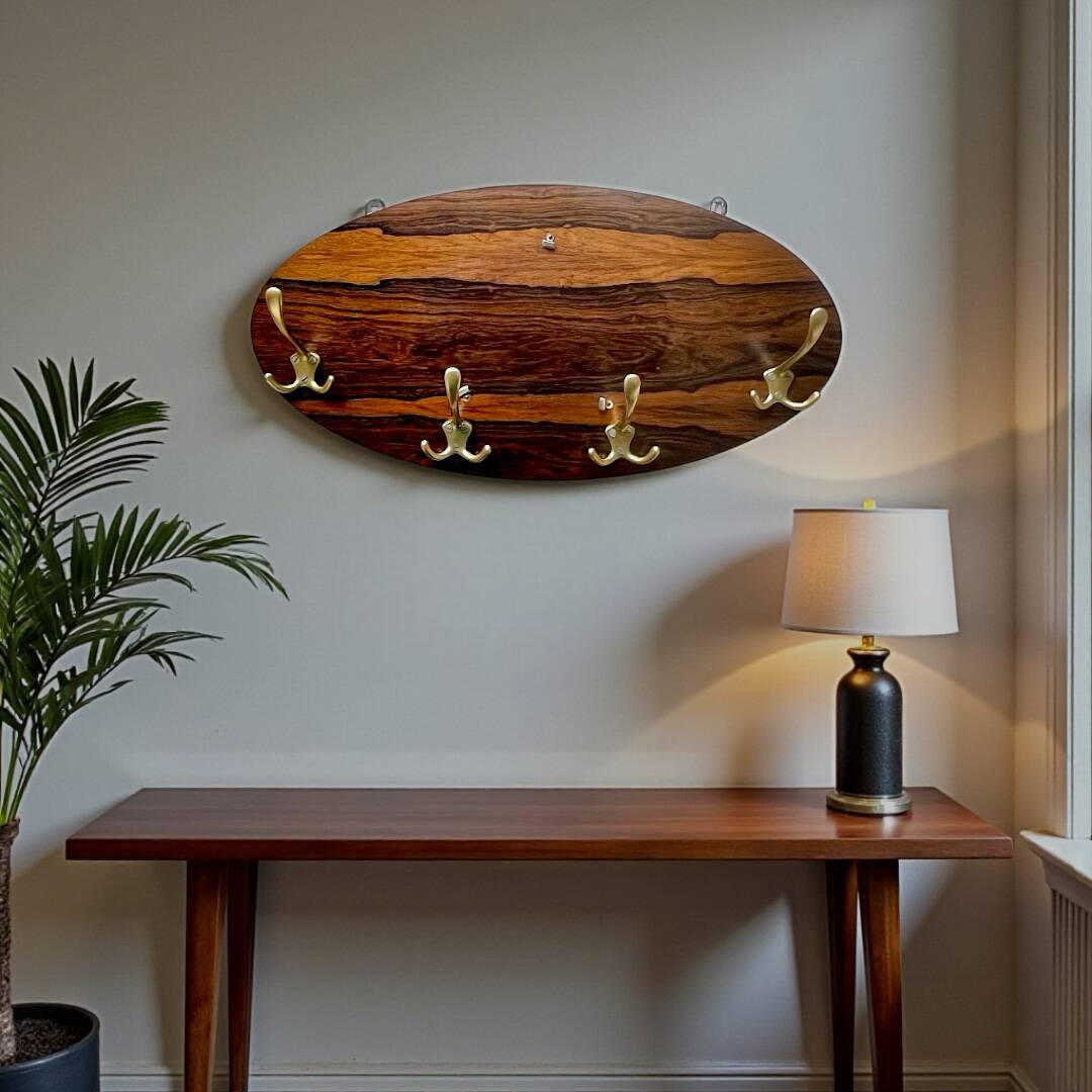 Vintage wall-mounted coat rack in wood and gold-tone aluminum – 1960s