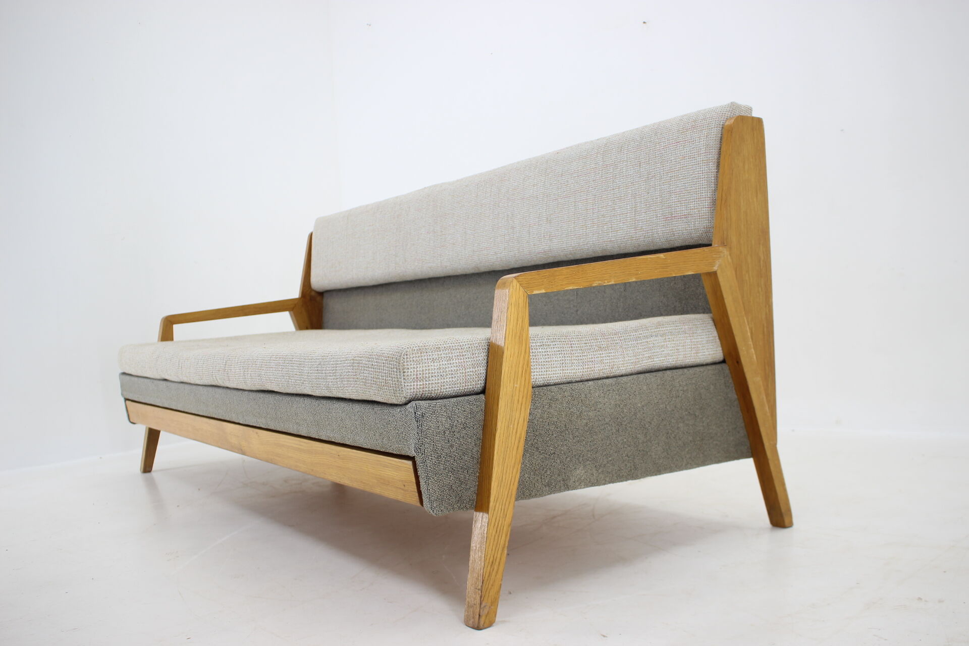 1970s oak 3-seater sofa/bed, czechoslovakia