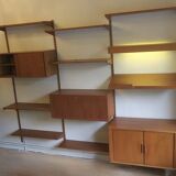 Modular 3-compartment teak wall shelving system with desk and lighting by Kai Kristiansen for FM, Denmark, 1960s