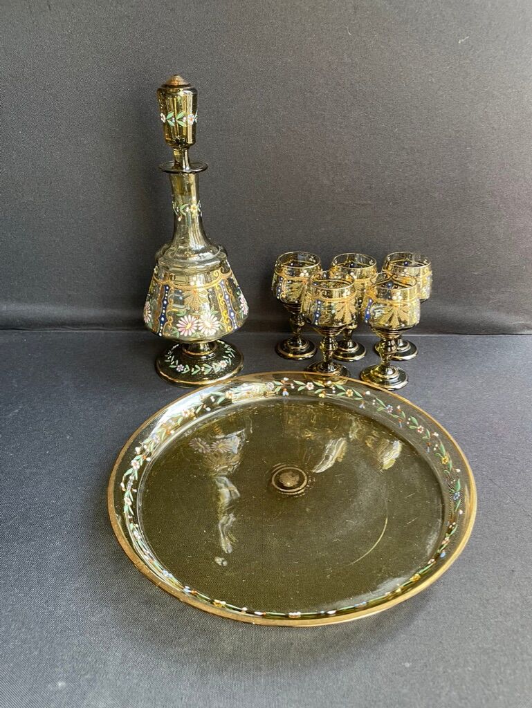 Amber crystal enamel and gilded liquor service