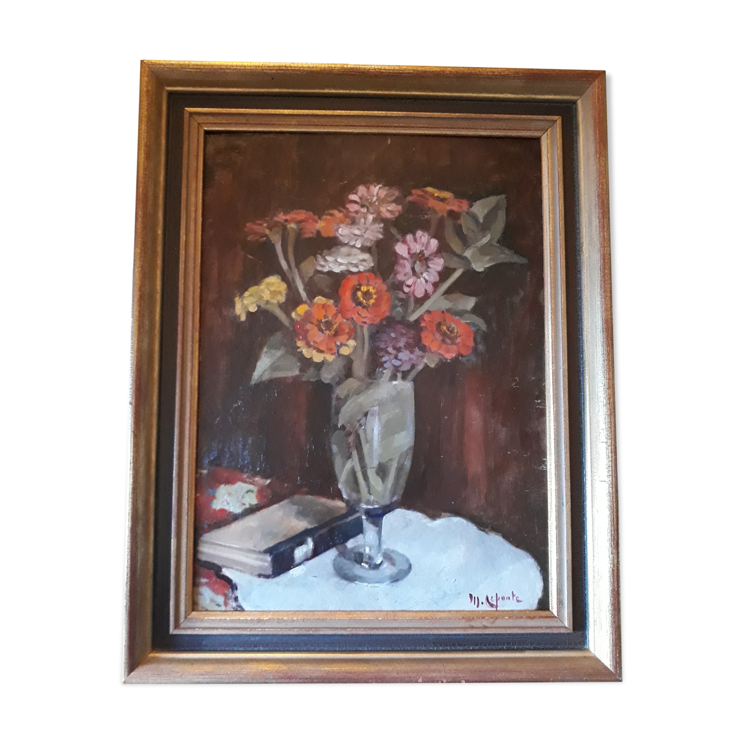Oil on board, still life with flowers and book