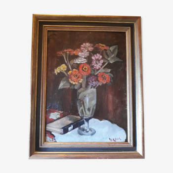 Huile sur planche , nature morte aux fleurs et livre