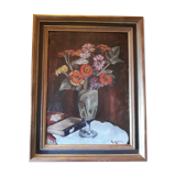 Oil on board, still life with flowers and book