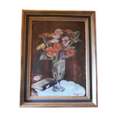 Huile sur planche , nature morte aux fleurs et livre