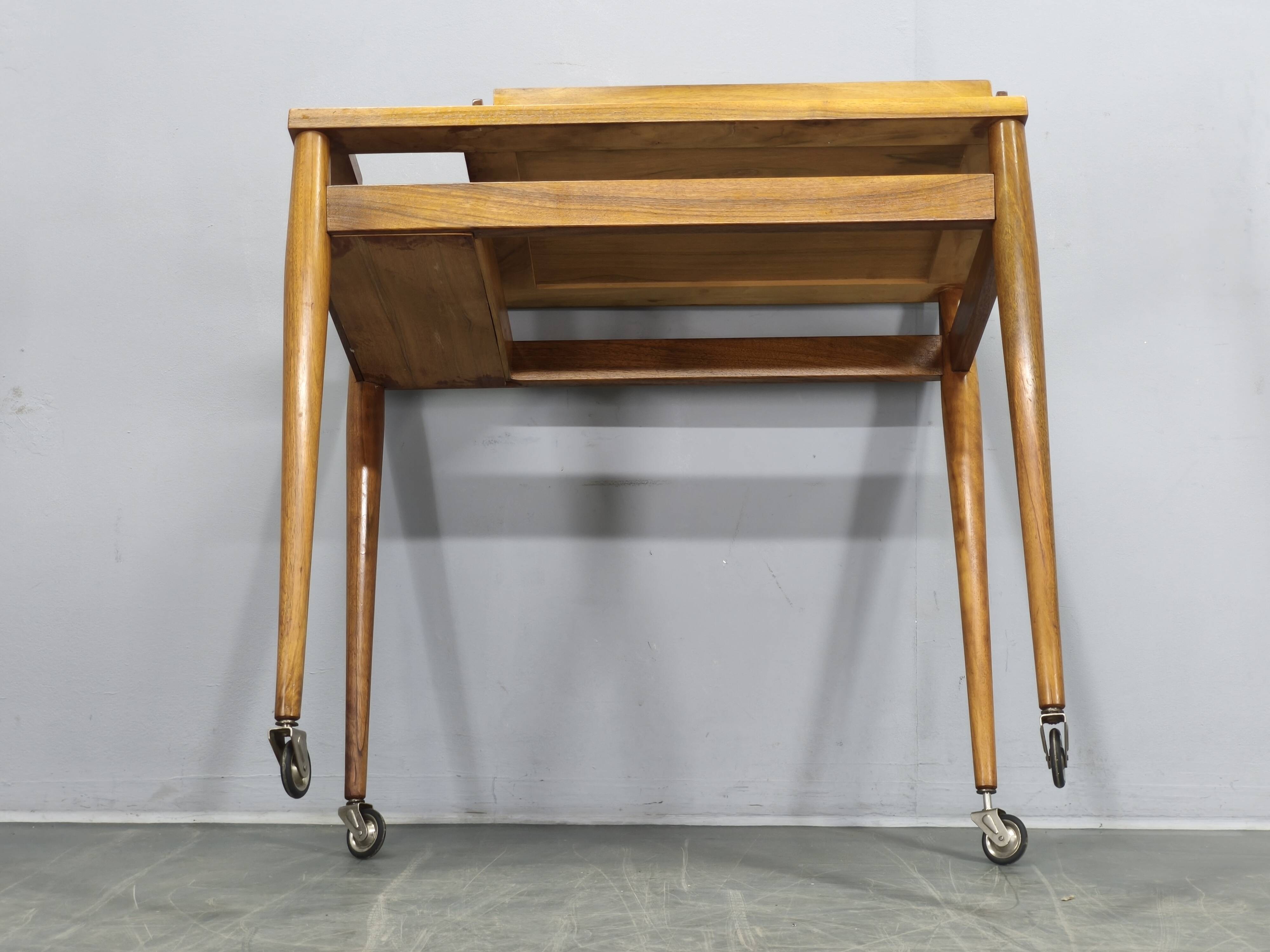 Mid Century Walnut Serving Cart, Czechoslovakia, 1970s