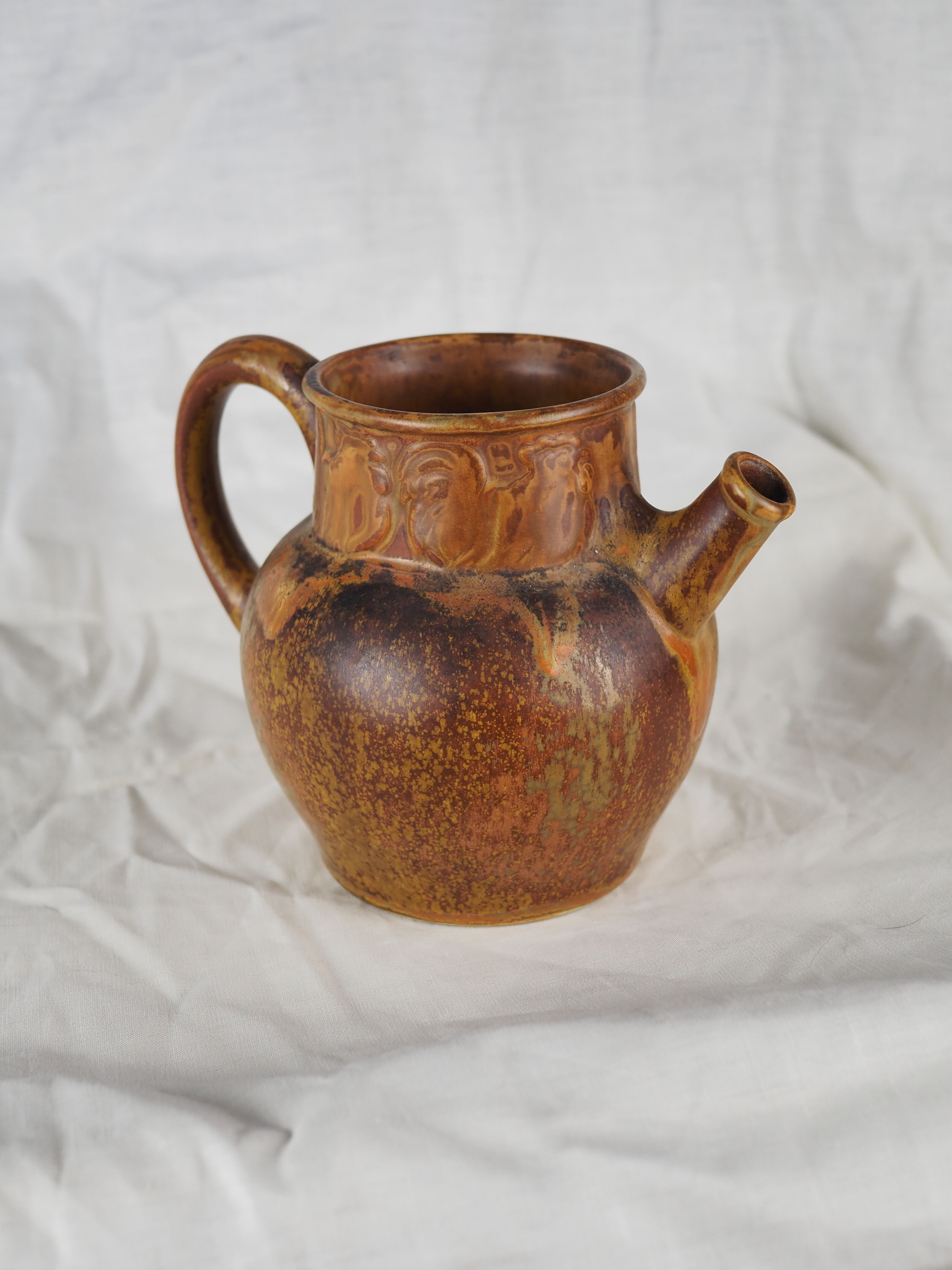 Rooster frieze pitcher, glaze with warm brown drips, ochre and volcanic - Denbac - 30s