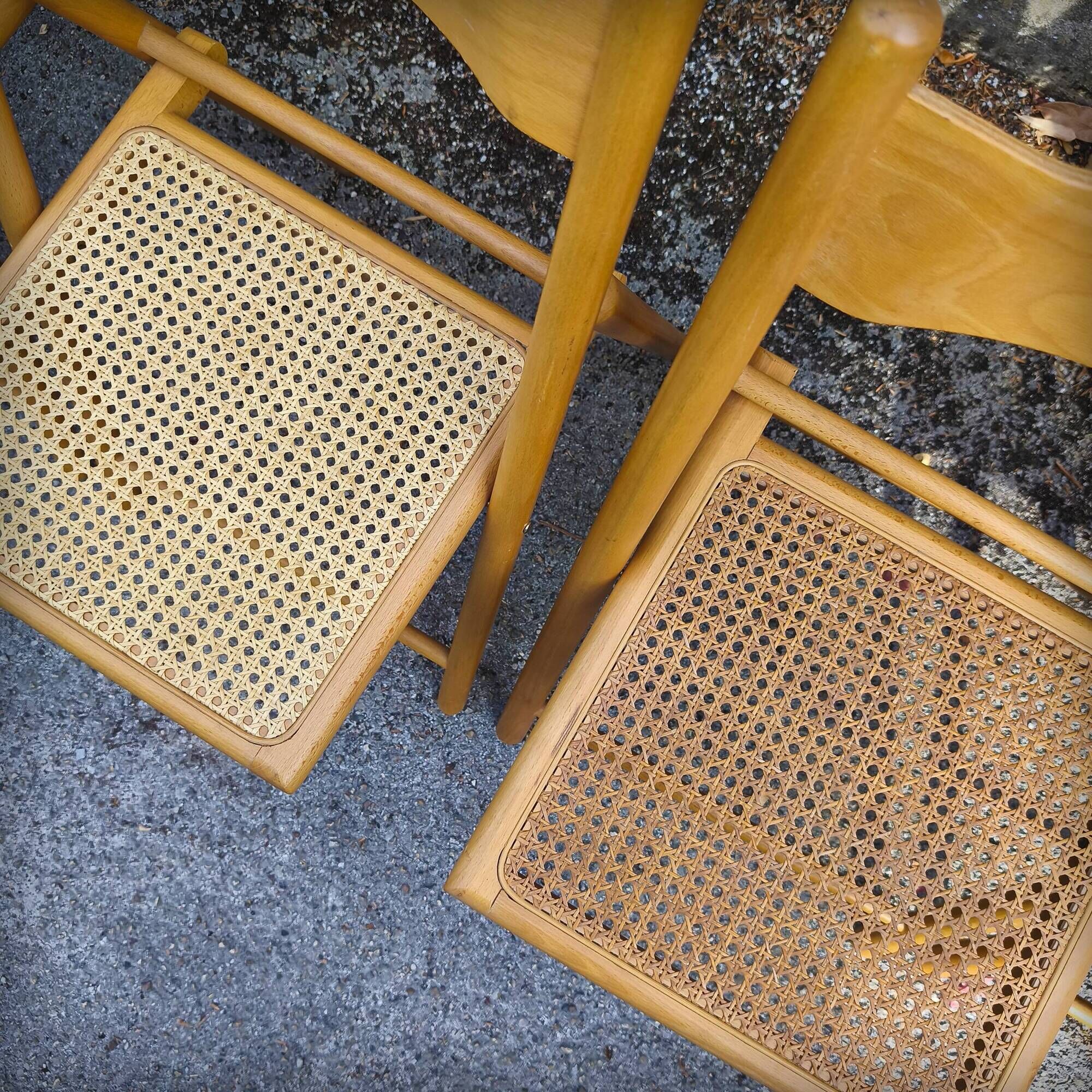 Set of 4 folding chairs in beech and caning by Habitat, 1980s.