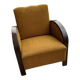 Art Deco armchair from the 1920s in straw yellow fabric and dark wood, with curved armrests.