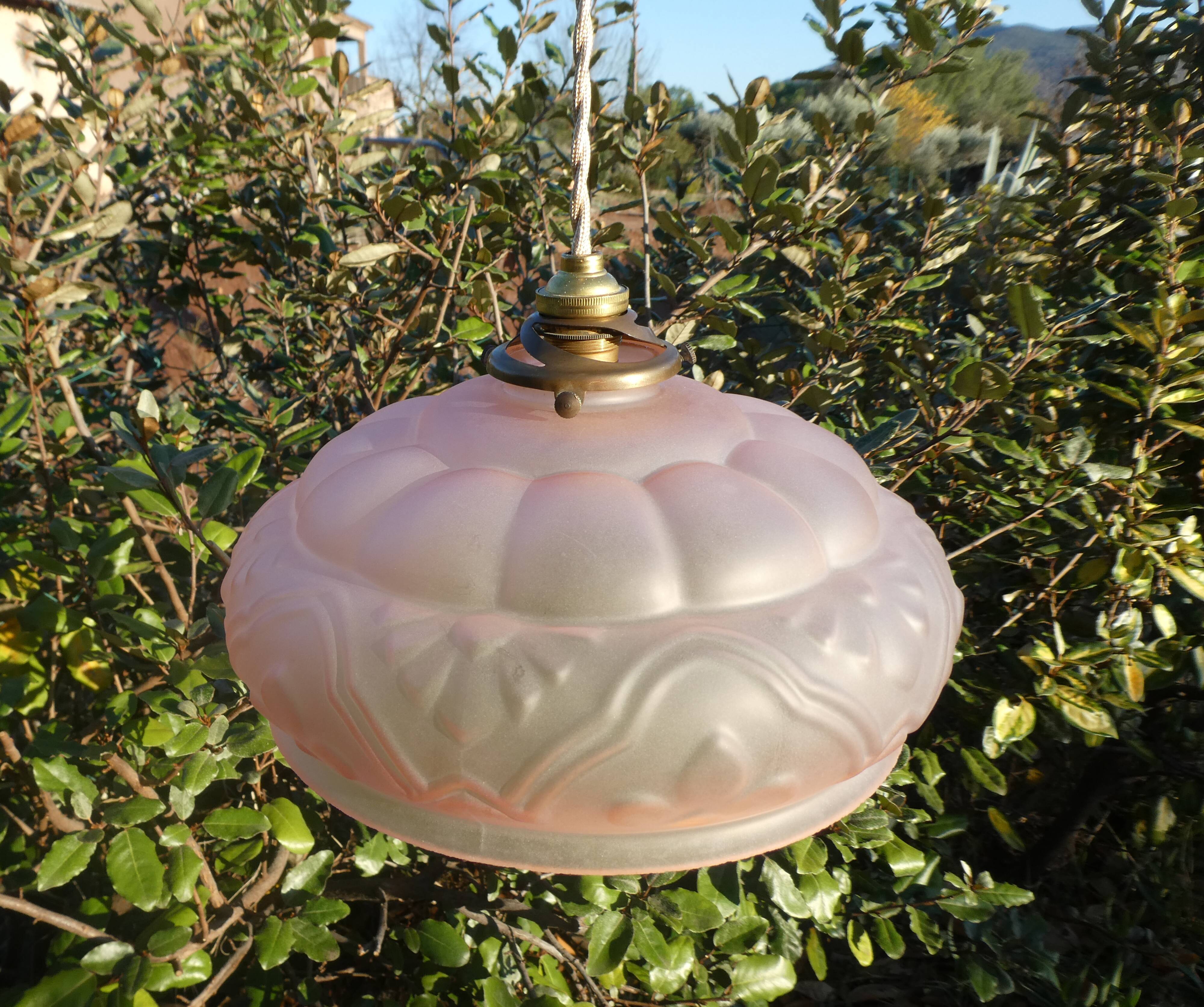 Art Deco pendant lamp in pink frosted glass