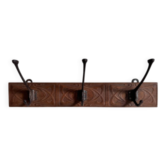 Art Nouveau Carved Oak Wall Coat Rack