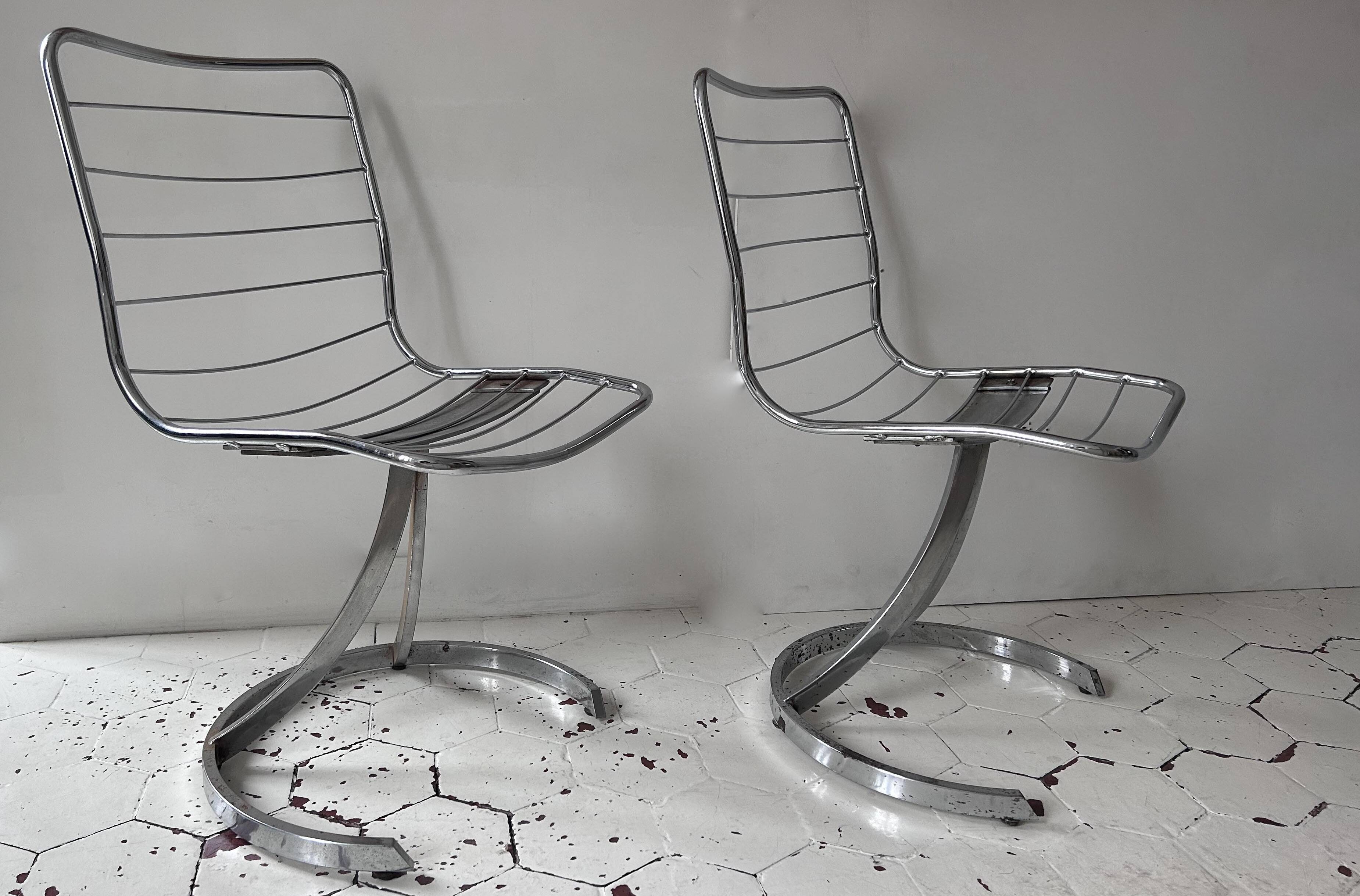 Set of 4 vintage chairs, chromed metal, France 1970