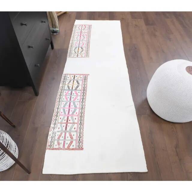 Vintage Turkish Oushak Handmade Wool Cotton White Kilim Runner 75x241