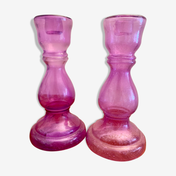 Pair of Provencal candle holders in purple sandblasted blown glass