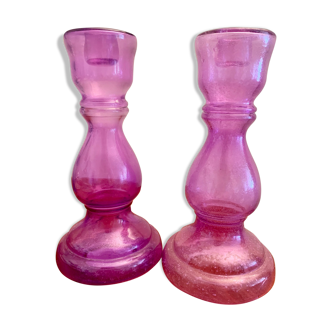 Pair of Provencal candle holders in purple sandblasted blown glass