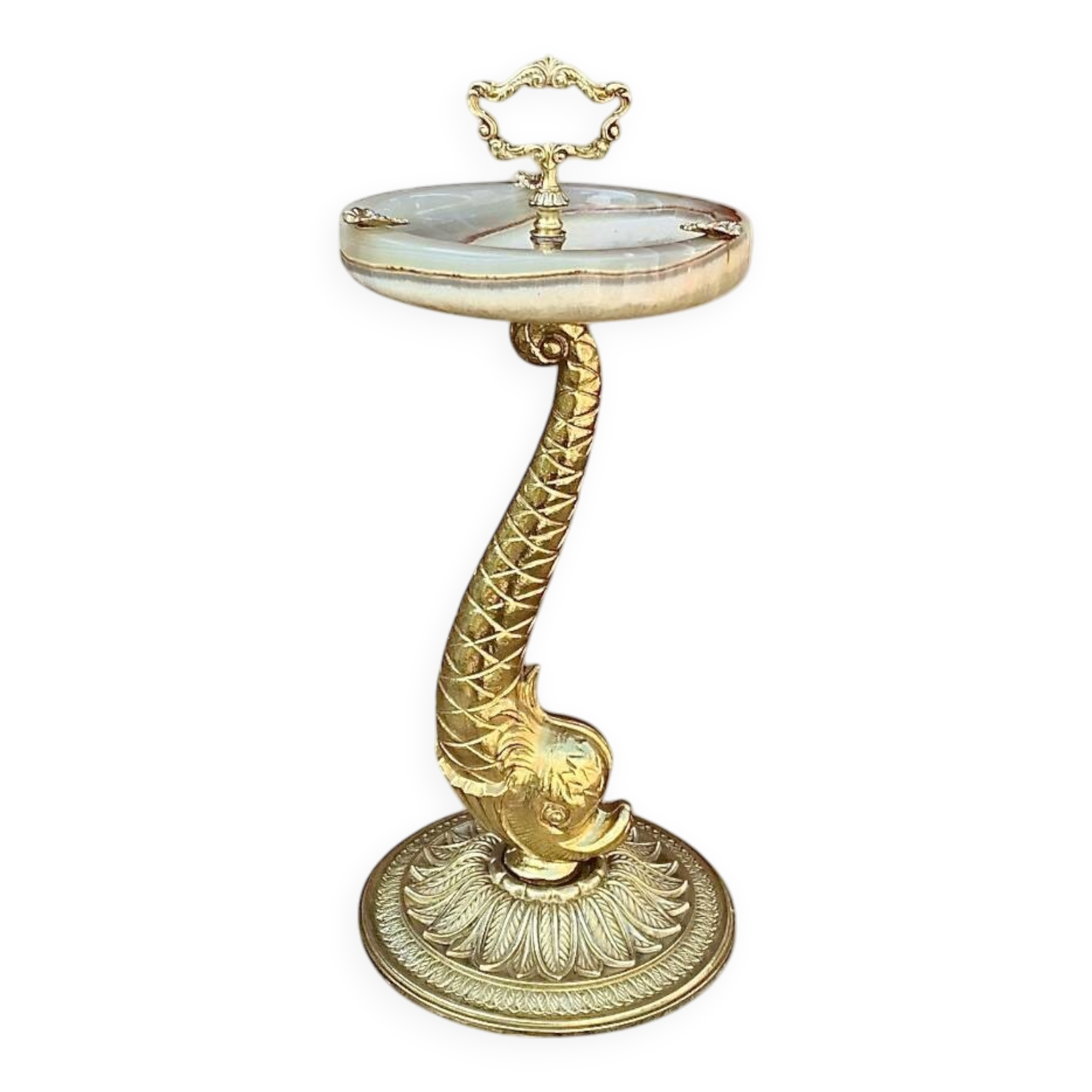 Antique fish ashtray on foot in gilded brass and onyx (4.464 kg)