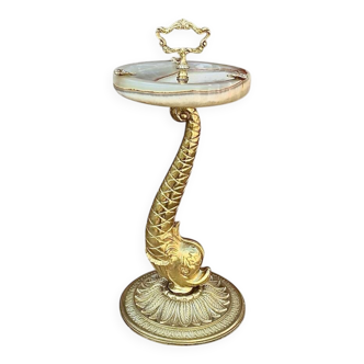 Antique fish ashtray on foot in gilded brass and onyx (4.464 kg)