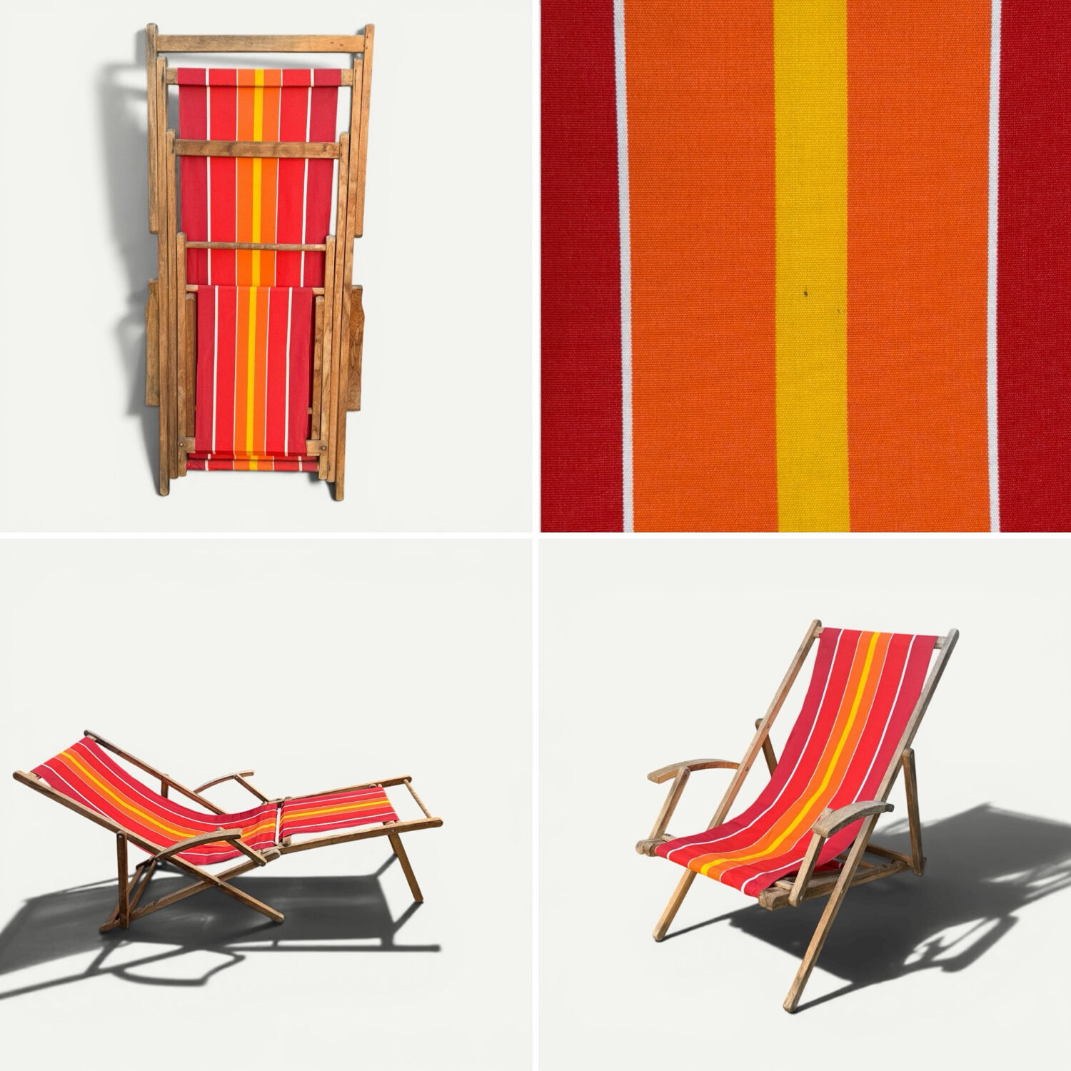 Vintage deck chair with red and orange striped fabric, original patina.