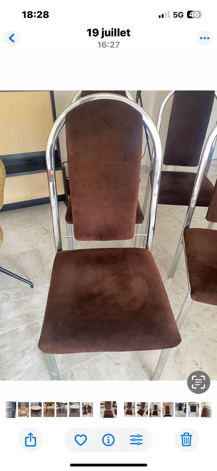 Quatre chaises chrome et velours ras marron design 70