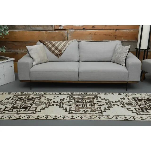 1970s Vintage Turkish Handmade Wool & Cotton Beige Runner Rug 96x361