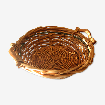 wicker serving tray, bread or fruit basket with wooden handles, braided, vintage