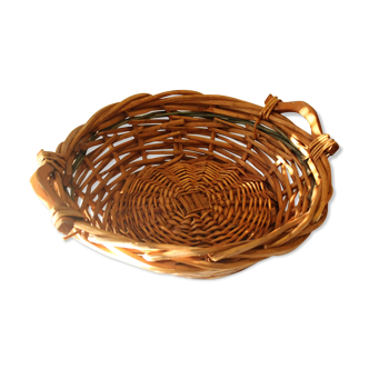 wicker serving tray, bread or fruit basket with wooden handles, braided, vintage