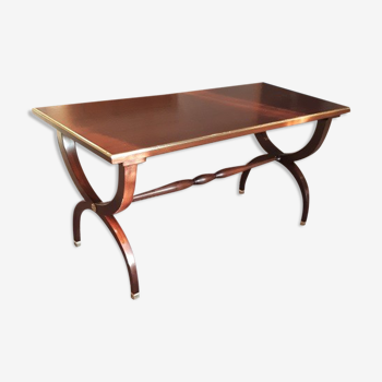 board-style coffee table curule feet mahogany