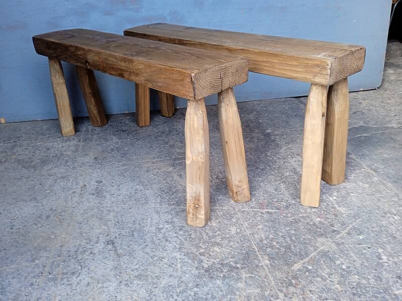 Pair of 2 patinated solid wood benches / stools