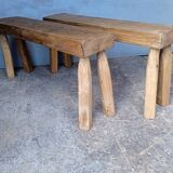 Pair of 2 patinated solid wood benches / stools