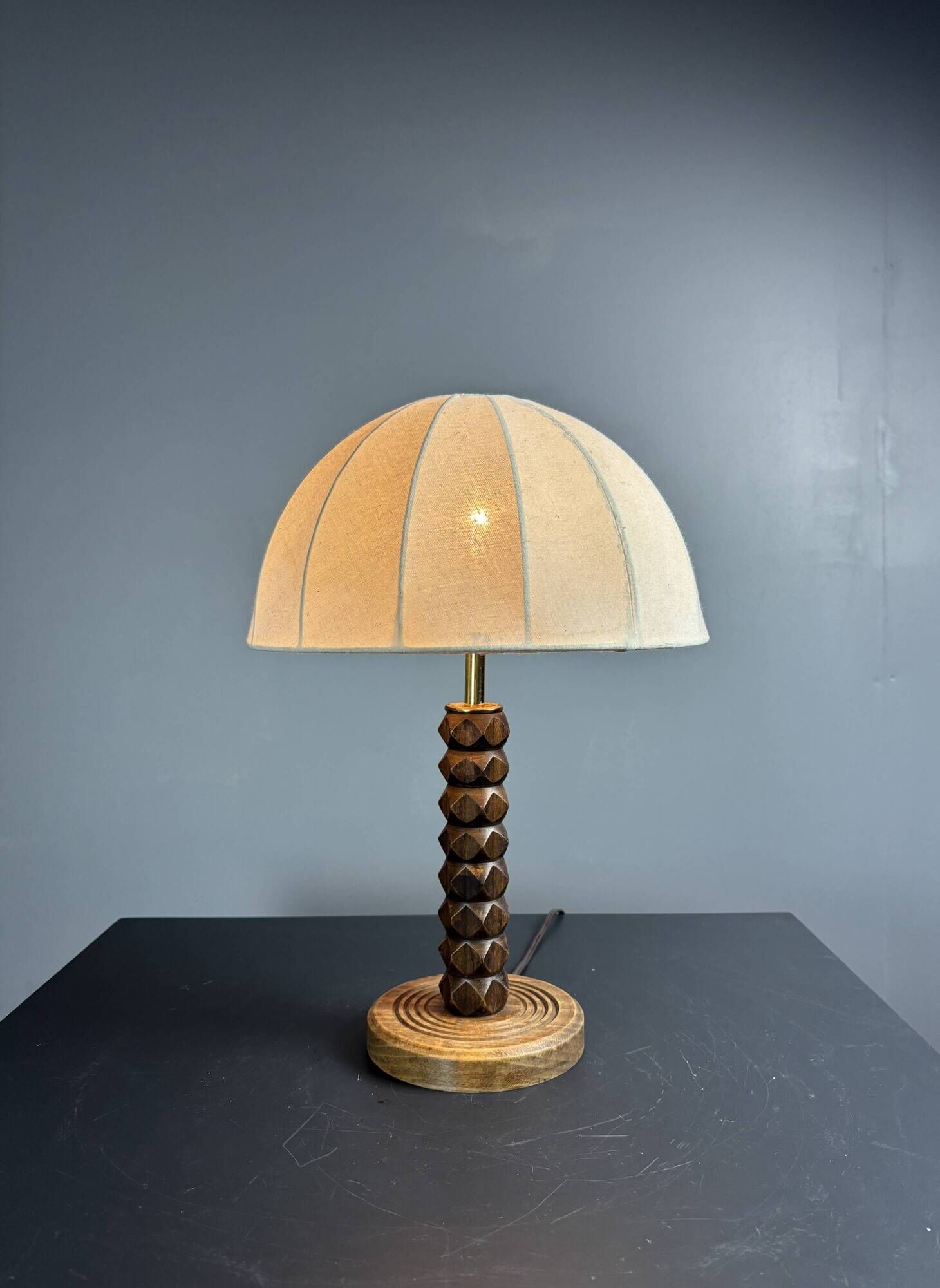 Midcentury brutalist wood turned mushroom table lamp, Charles Dudouyt style
