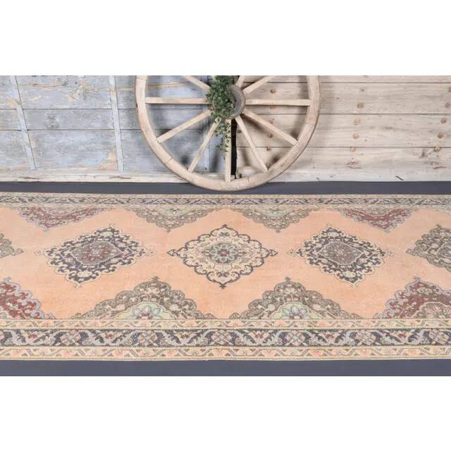 Vintage Turkish Oushak handmade wool cotton orange runner 142x380