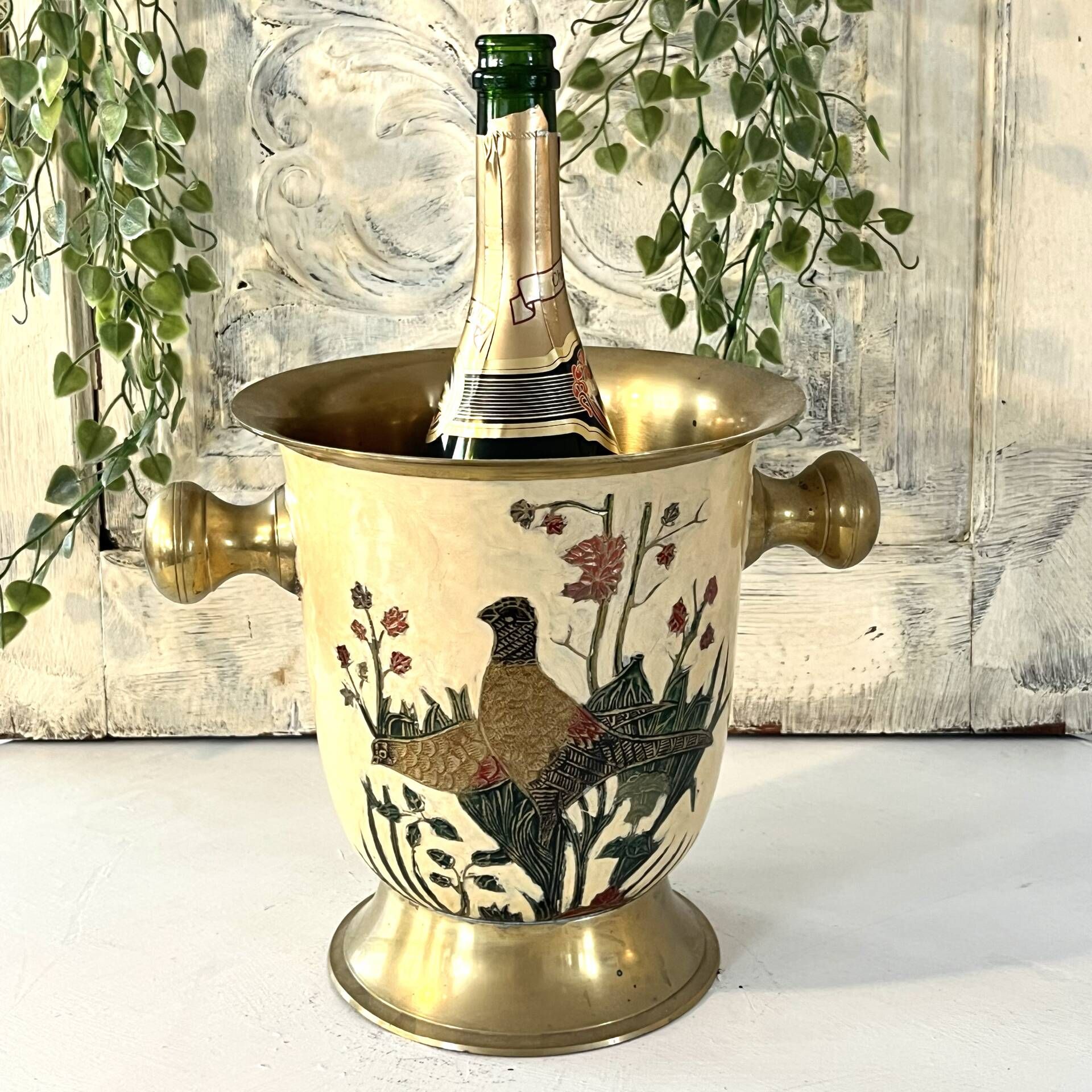 Cloisonne Ice Bucket, Vintage French Peach Enamel Pheasant Floral Desi