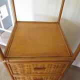 Storage column, bookcase in wood and woven rattan