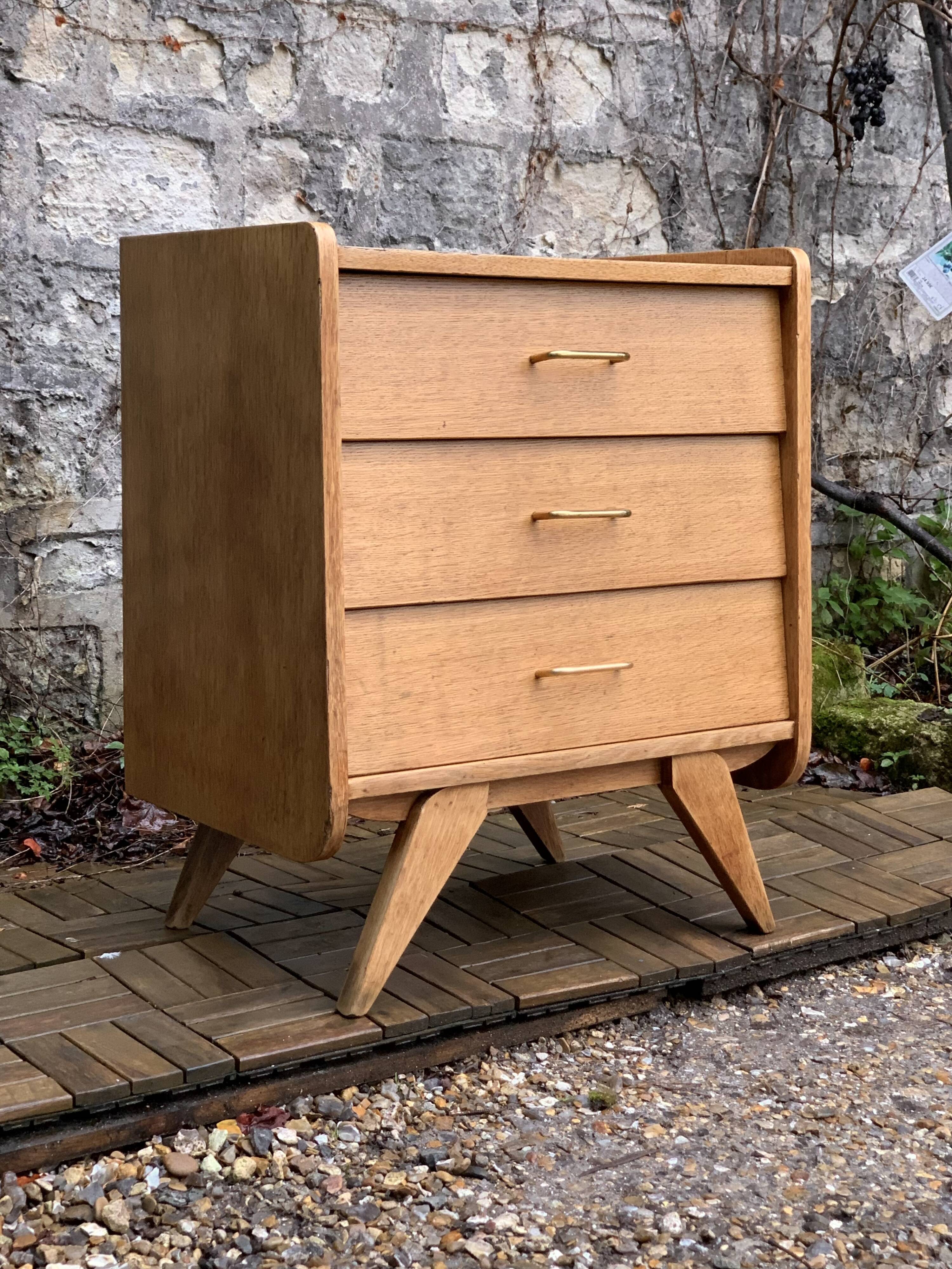 Vintage chest of drawers with compass feet, raw oak, 1960