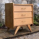 Vintage chest of drawers with compass feet, raw oak, 1960