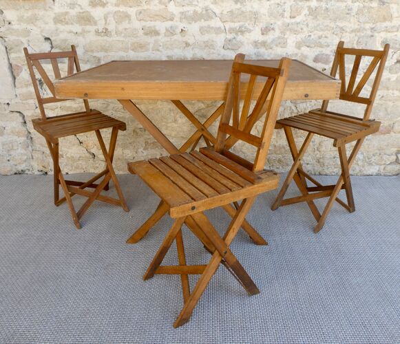 Table et ses 3 chaises pliantes en bois pour enfant, années 50