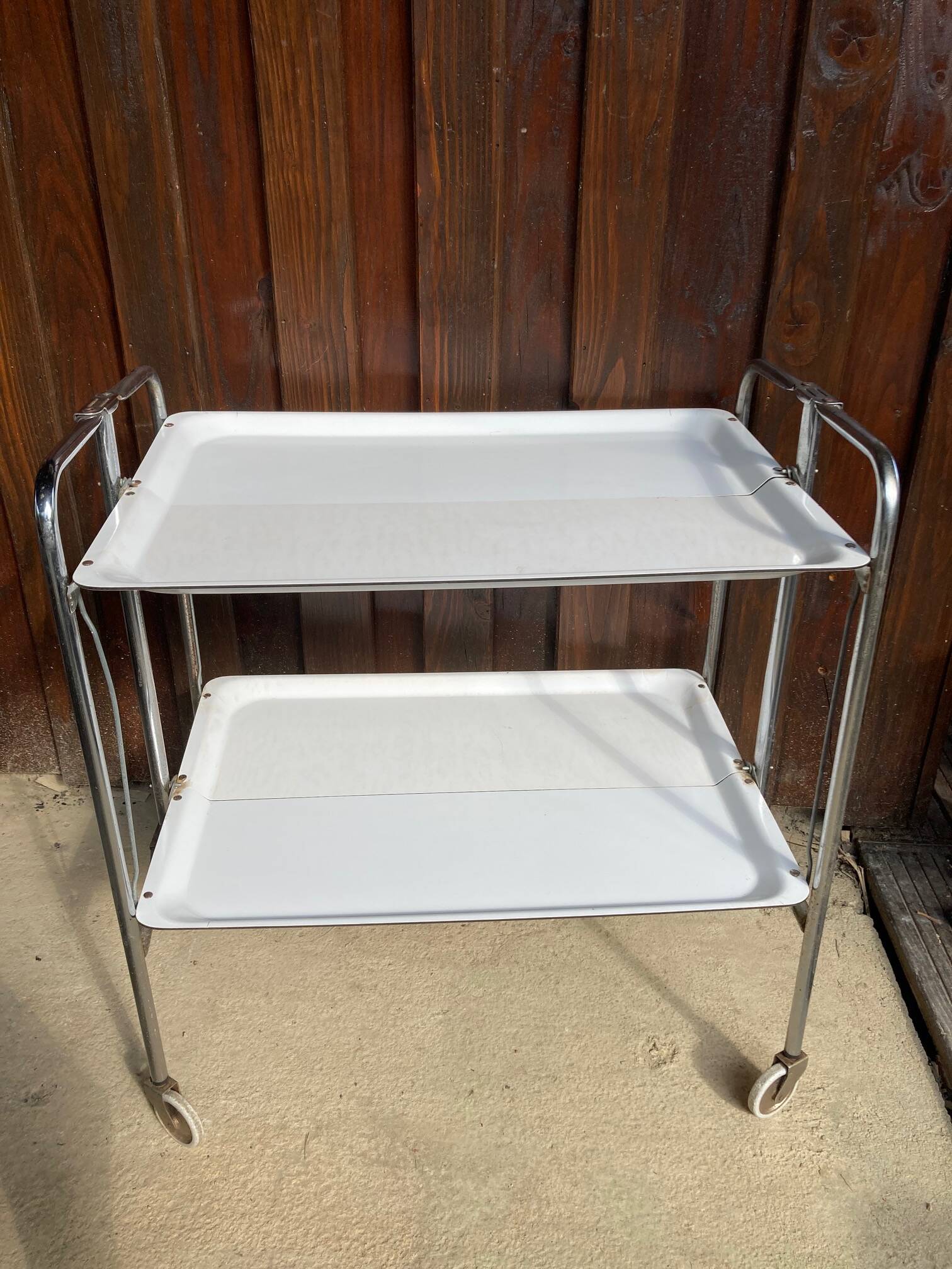 Vintage serving trolley, white folding table, 70s design, vintage.