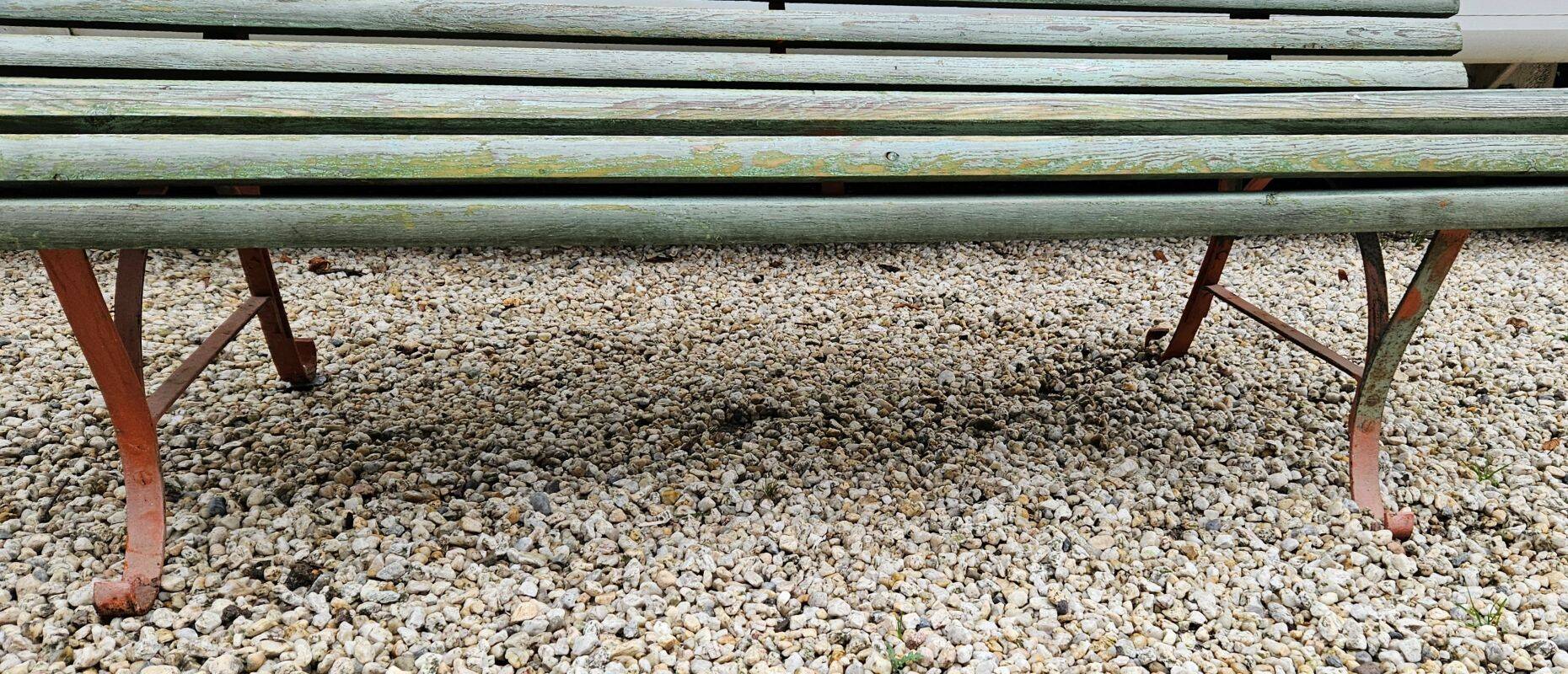 Antique Garden Bench with Wooden Slats and Iron Legs