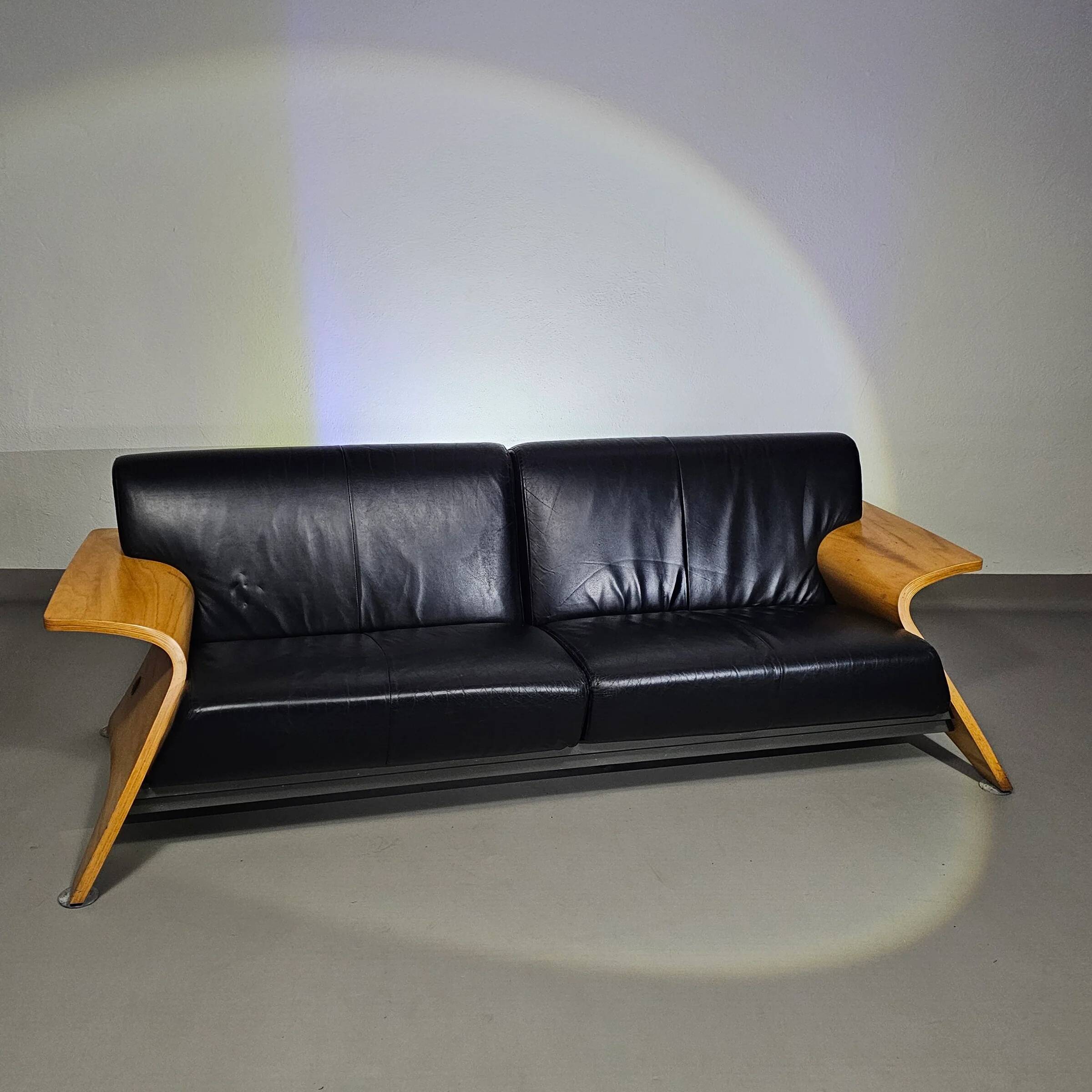 Harvink Mazurka Black Leather Sofa 1980s