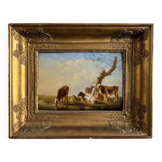 Huile sur panneau "Vaches s'abreuvant" par Jean-Baptiste Berré 1830