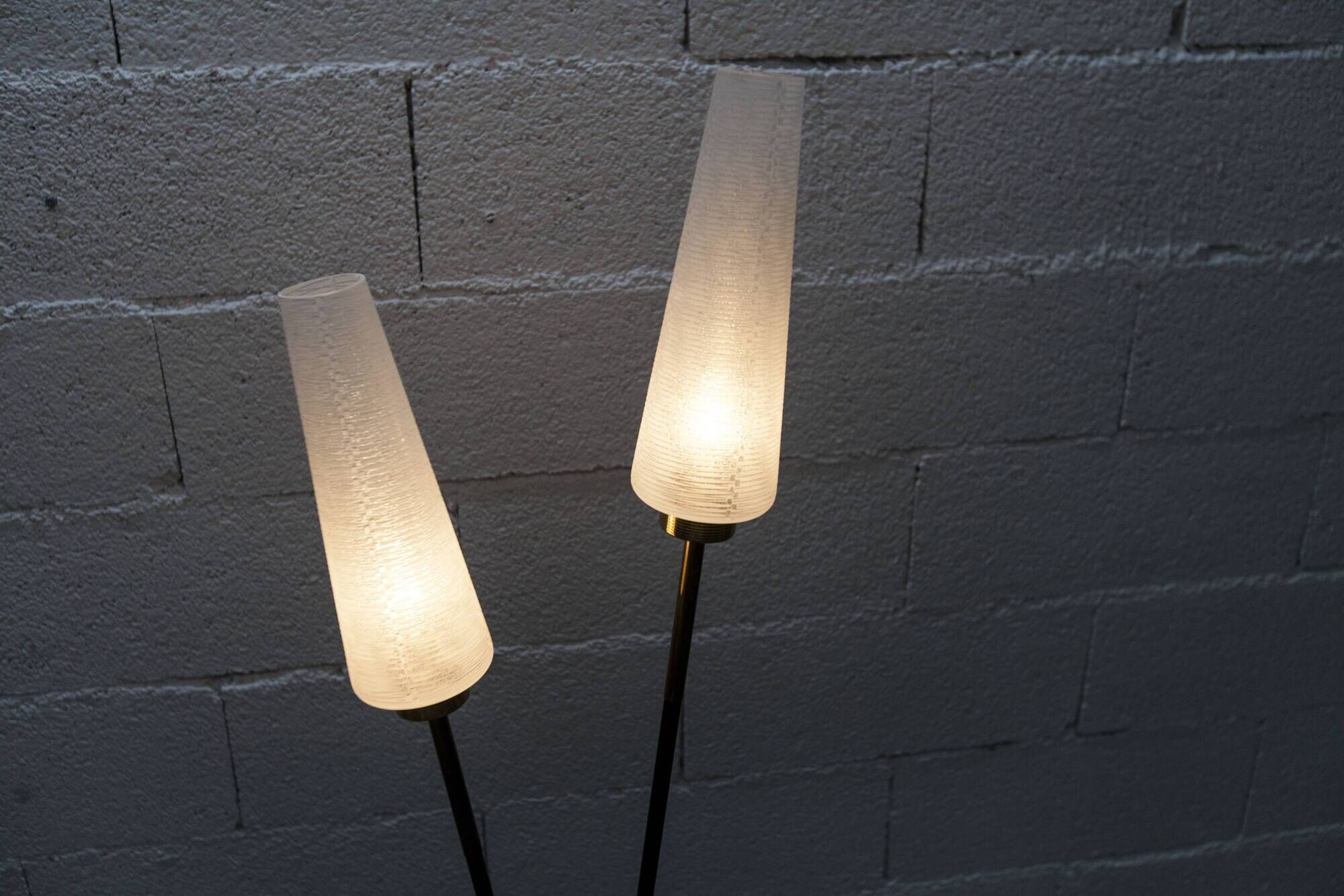 Arlus floor lamp with tripod base and 2 ribbed glass lamps 1950