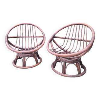 Pair of vintage rattan swivel armchairs