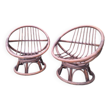Pair of vintage rattan swivel armchairs